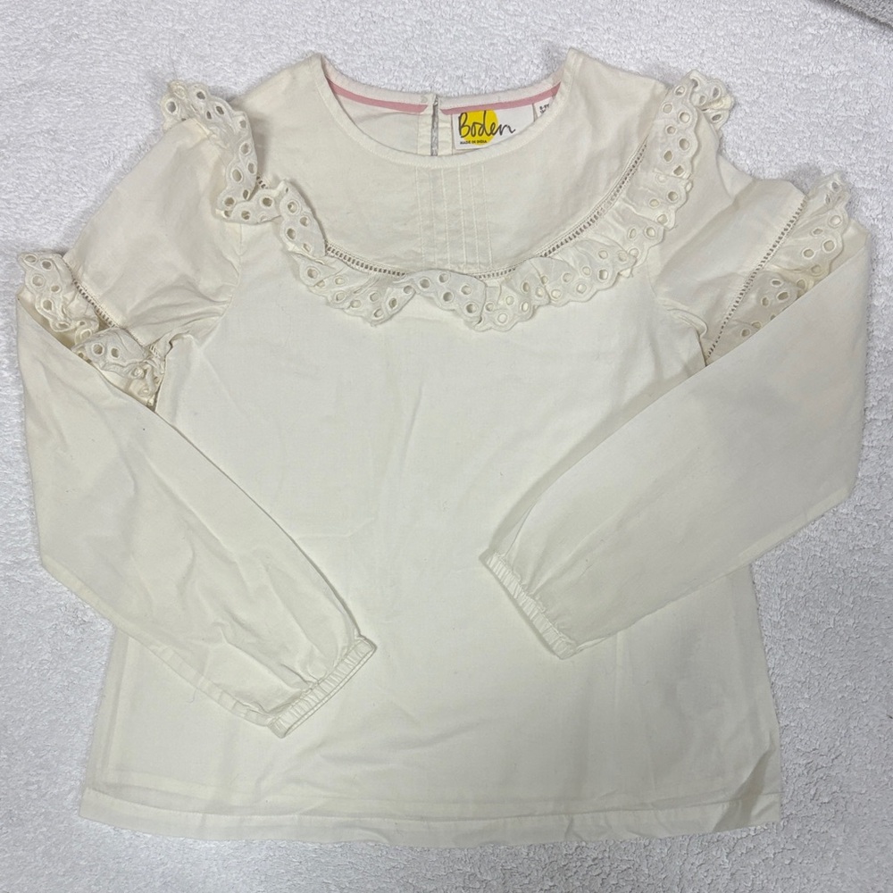 Boden Ivory Eyelet Ruffle Kids lined Blouse long sleeve girls 8/9 134cm